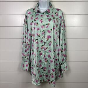 ZARA Floral Print Long Sleeve Button Front Shirt Dress Mint Green sz XL